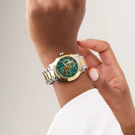 Guess Annette zegarek damski srebrno-złoty z zieloną tarczą na bransolecie GW0861L4