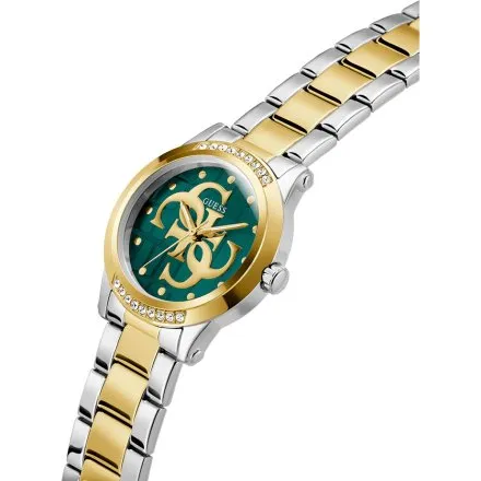 Guess Annette zegarek damski srebrno-złoty z zieloną tarczą na bransolecie GW0861L4