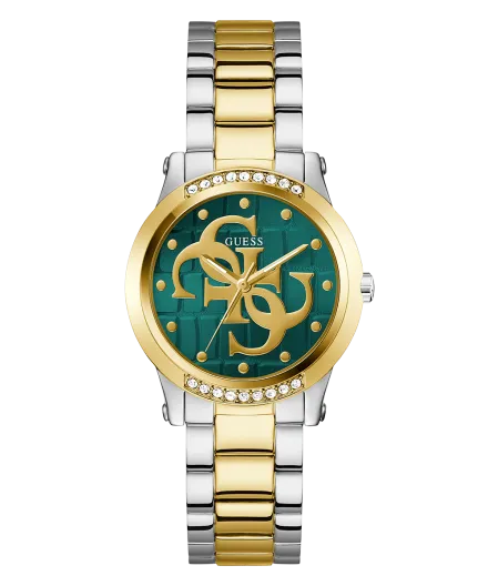 Guess Annette zegarek damski srebrno-złoty z zieloną tarczą na bransolecie GW0861L4