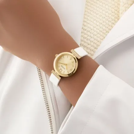 Guess Array złoty zegarek damski z białym paskiem GW0912L2