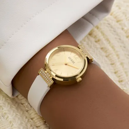 Guess Array złoty zegarek damski z białym paskiem GW0912L2