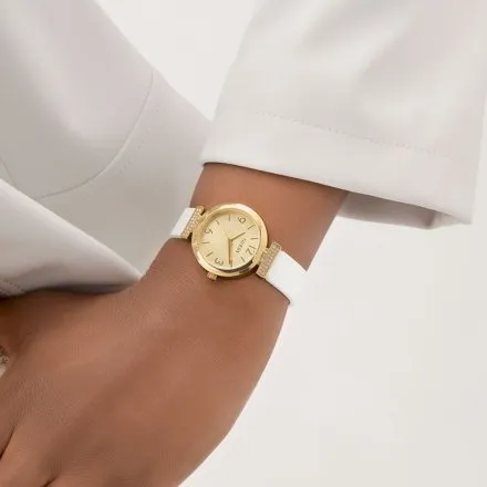 Guess Array złoty zegarek damski z białym paskiem GW0912L2