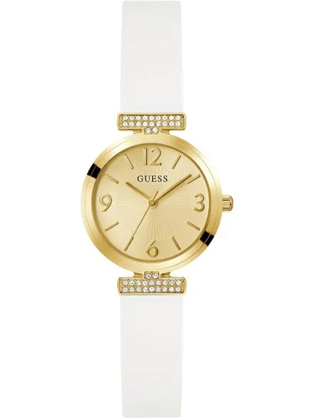 Guess Array złoty zegarek damski z białym paskiem GW0912L2