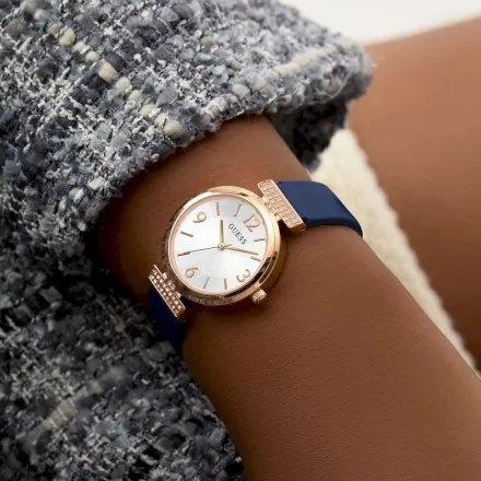 Guess Array różowozłoty zegarek damski z granatowym paskiem GW0912L3