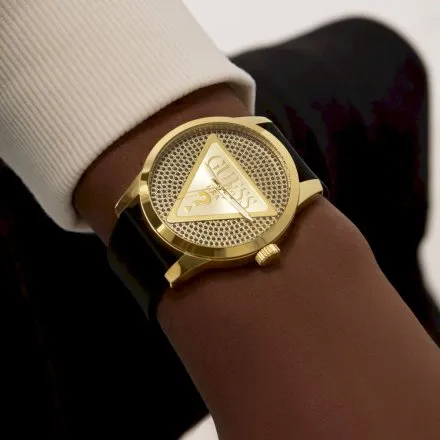 Guess Badge zegarek męski złoty na pasku z kryształkami GW0916G1