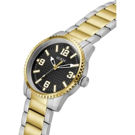 Guess Varsity złoto-srebrny zegarek  z czarną tarczą na bransolecie GW0889G2
