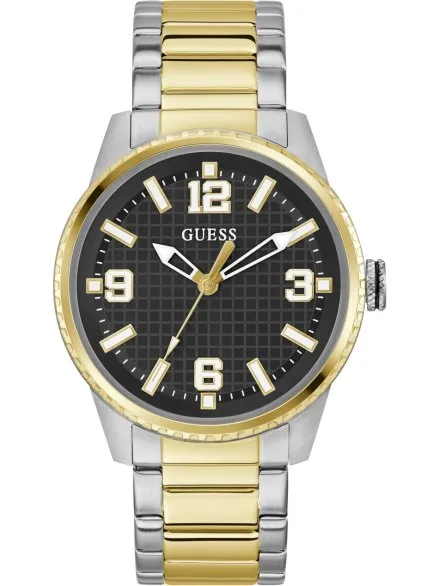 Guess Varsity złoto-srebrny zegarek  z czarną tarczą na bransolecie GW0889G2