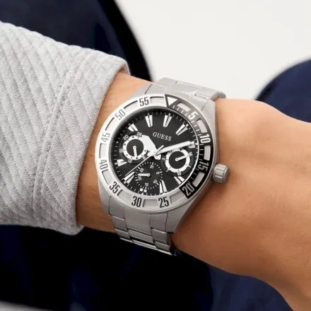 Guess Letterman srebrny zegarek męski multidatownik na bransolecie GW0904G1