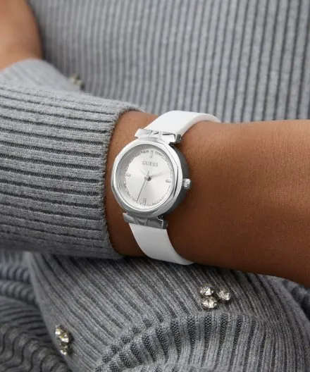 Guess Mini Rumour srebrny zegarek damski na białym pasku GW0928L1
