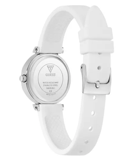 Guess Mini Rumour srebrny zegarek damski na białym pasku GW0928L1