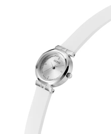 Guess Mini Rumour srebrny zegarek damski na białym pasku GW0928L1