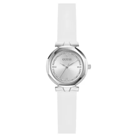 Guess Mini Rumour srebrny zegarek damski na białym pasku GW0928L1