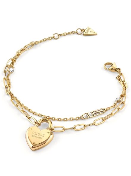 Złota podwójna bransoletka GUESS ALL YOU NEED IS LOVE kłódka serce JUBB04211JW-YG (L)