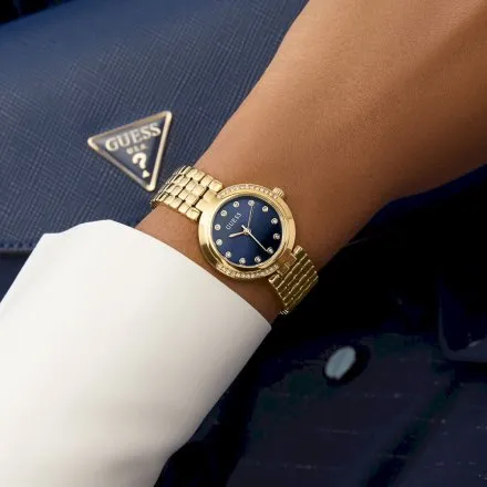 Guess Clara zegarek damski złoty z granatową tarczą na bransolecie GW0930L4