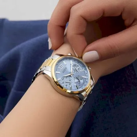 Guess Bailey zegarek damski srebrno-złoty na bransolecie multidata GW0933L3