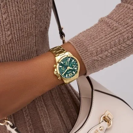 Guess Bailey zegarek damski złoty na bransolecie zielona tarcza multidata GW0933L6