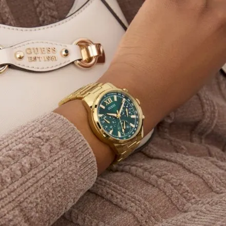 Guess Bailey zegarek damski złoty na bransolecie zielona tarcza multidata GW0933L6