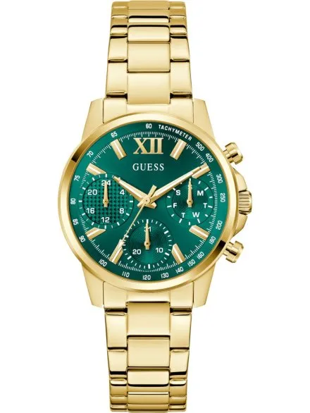 Guess Bailey zegarek damski złoty na bransolecie zielona tarcza multidata GW0933L6