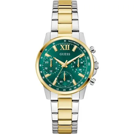 Guess Bailey zegarek damski srebrno-złoty na bransolecie zielona tarcza multidata GW0933L7