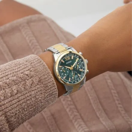 Guess Bailey zegarek damski srebrno-złoty na bransolecie zielona tarcza multidata GW0933L7