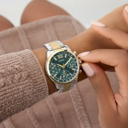 Guess Bailey zegarek damski srebrno-złoty na bransolecie zielona tarcza multidata GW0933L7