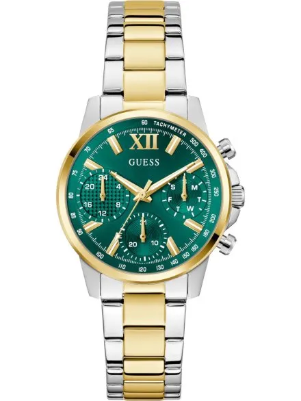 Guess Bailey zegarek damski srebrno-złoty na bransolecie zielona tarcza multidata GW0933L7