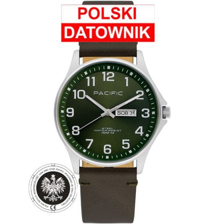 Pacific Polska SMA-1073D-04 zielony męski zegarek z orłem i polskim datownikiem