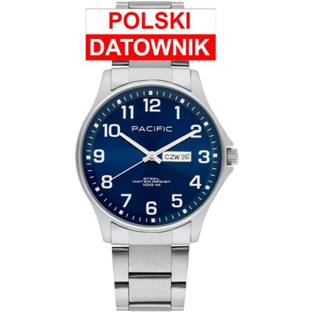 Pacific Polska SMB-1073D-03 srebrno-niebieski męski zegarek i polskim datownikiem