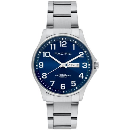 Pacific Polska SMB-1073D-03 srebrno-niebieski męski zegarek i polskim datownikiem