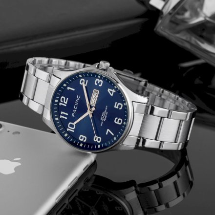 Pacific Polska SMB-1073D-03 srebrno-niebieski męski zegarek i polskim datownikiem