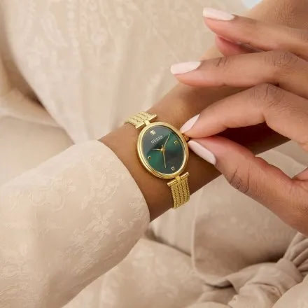 Guess Ruby złoty zegarek damski na bransolecie z zieloną tarczą GW0935L2