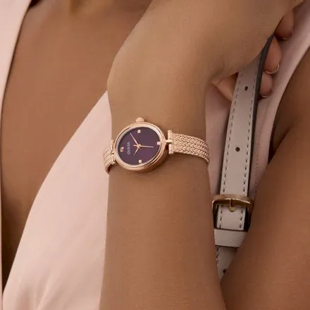 Guess Ruby różowozłoty zegarek damski na bransolecie z bordową tarczą GW0935L3