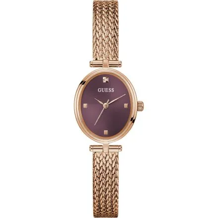 Guess Ruby różowozłoty zegarek damski na bransolecie z bordową tarczą GW0935L3