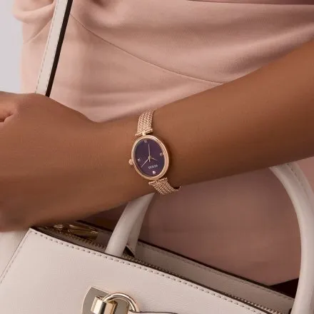 Guess Ruby różowozłoty zegarek damski na bransolecie z bordową tarczą GW0935L3