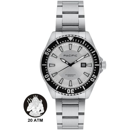 Pacific Poseidon SMPB-2001-06 srebrny męski zegarek na bransolecie wodoodporny 200M