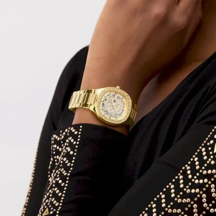 Guess Electra złoty zegarek damski na bransolecie kryształki GW0941L2