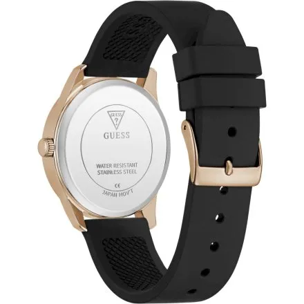 Guess Roxy zegarek damski różowozłoty na czarnym pasku GW0942L3