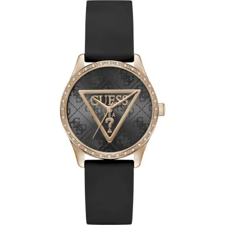 Guess Roxy zegarek damski różowozłoty na czarnym pasku GW0942L3