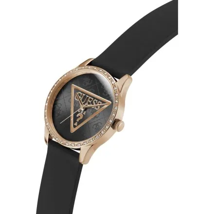 Guess Roxy zegarek damski różowozłoty na czarnym pasku GW0942L3