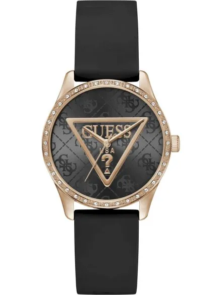 Guess Roxy zegarek damski różowozłoty na czarnym pasku GW0942L3