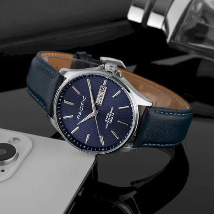 Pacific SMA-1075D-03 granatowy męski zegarek z polskim datownikiem i wodoszczelnością 100M