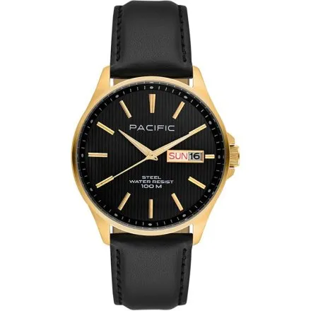 Pacific SMA-1075D-07 złoty męski zegarek z polskim datownikiem i wodoszczelnością 100M