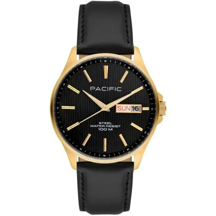 Pacific SMA-1075D-07 złoty męski zegarek z polskim datownikiem i wodoszczelnością 100M