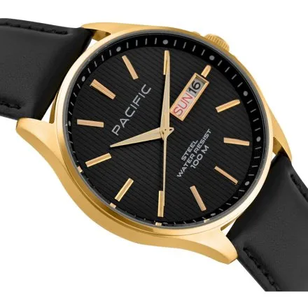 Pacific SMA-1075D-07 złoty męski zegarek z polskim datownikiem i wodoszczelnością 100M