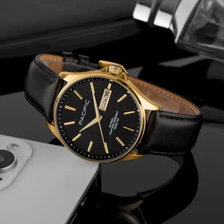 Pacific SMA-1075D-07 złoty męski zegarek z polskim datownikiem i wodoszczelnością 100M