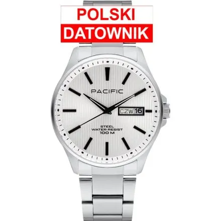 Pacific SMB-1075D-01 srebrny męski zegarek z polskim datownikiem i wodoszczelnością 100M