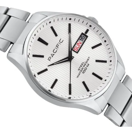 Pacific SMB-1075D-01 srebrny męski zegarek z polskim datownikiem i wodoszczelnością 100M