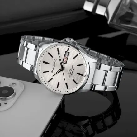 Pacific SMB-1075D-01 srebrny męski zegarek z polskim datownikiem i wodoszczelnością 100M