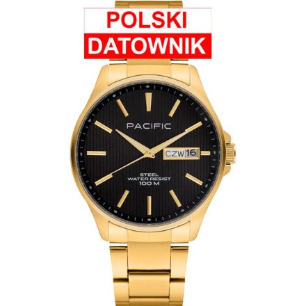 Pacific SMB-1075D-07 złoty męski zegarek z polskim datownikiem i wodoszczelnością 100M