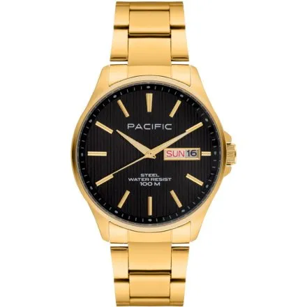 Pacific SMB-1075D-07 złoty męski zegarek z polskim datownikiem i wodoszczelnością 100M